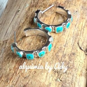Medium size turquoise silver hoops